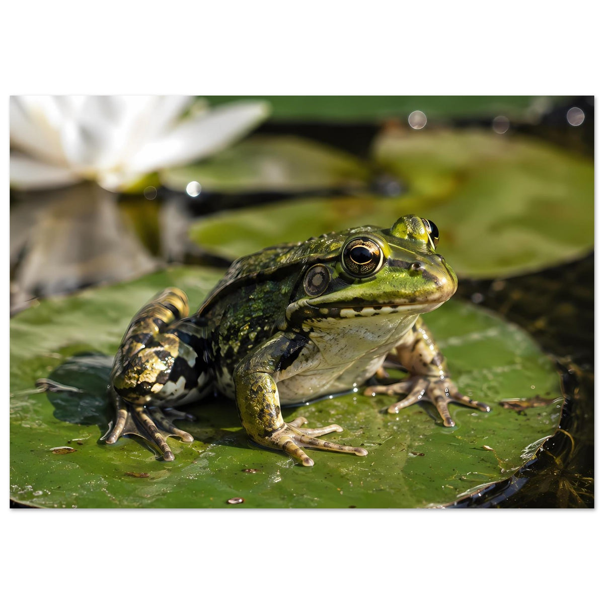 Poster mit Frosch auf Seerosenblatt, Nahaufnahme von Körper und Sprungbeinen