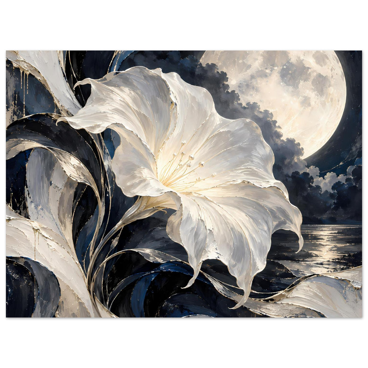 Blumenposter im Nahblick: weiße Blüte, dunkler Himmel und helle Mondsichel