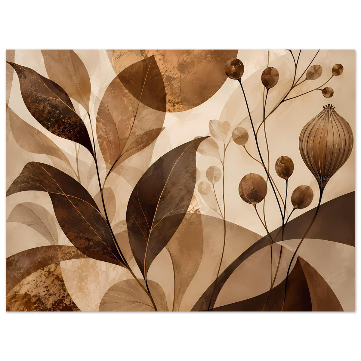 Blumenposter mit stilisierten Blättern und kugeligen Blüten, warmes Braun- und Beige, querformat