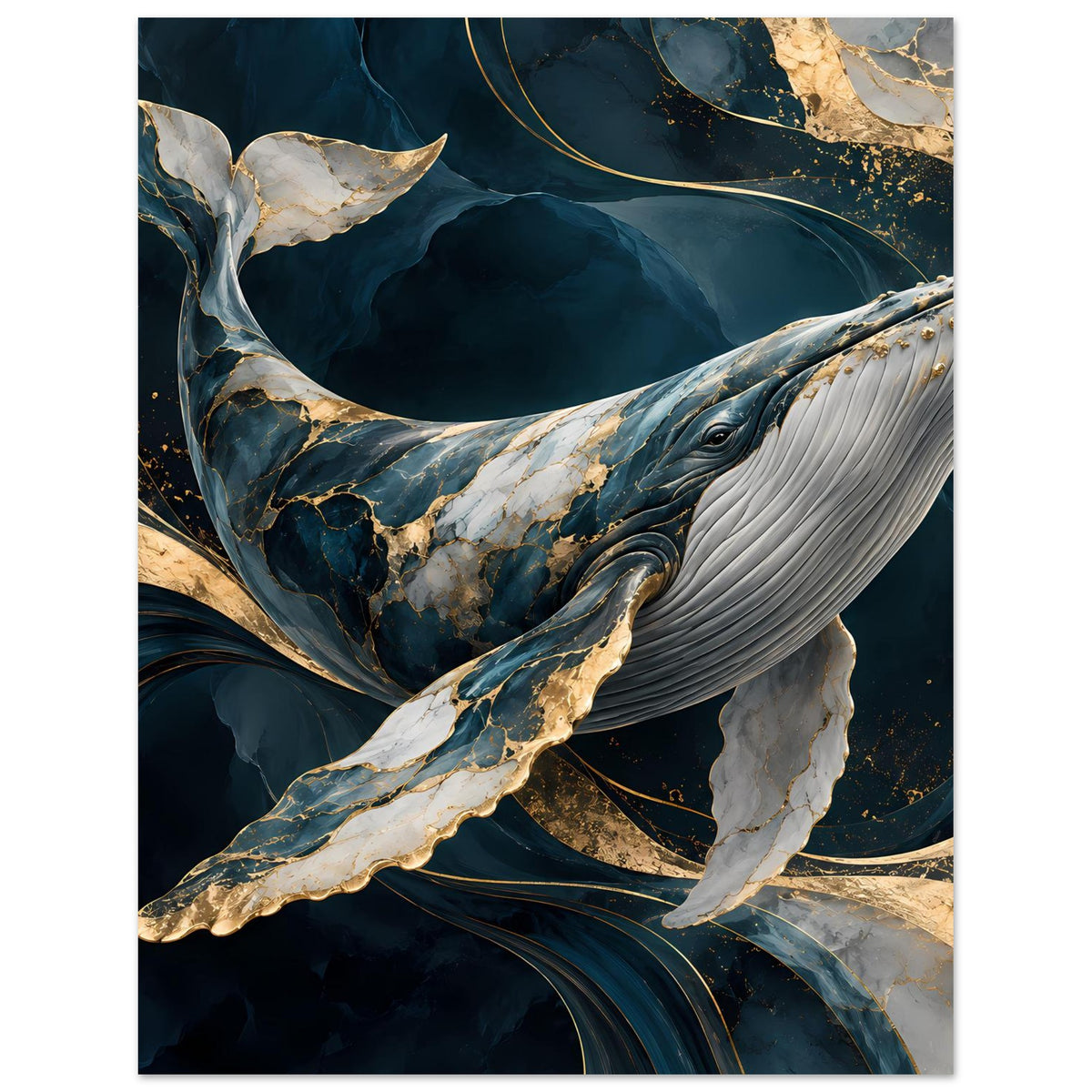 Walfisch-Poster: diagonal dargestellter Wal, blaues Wasser, goldene Akzentlinien