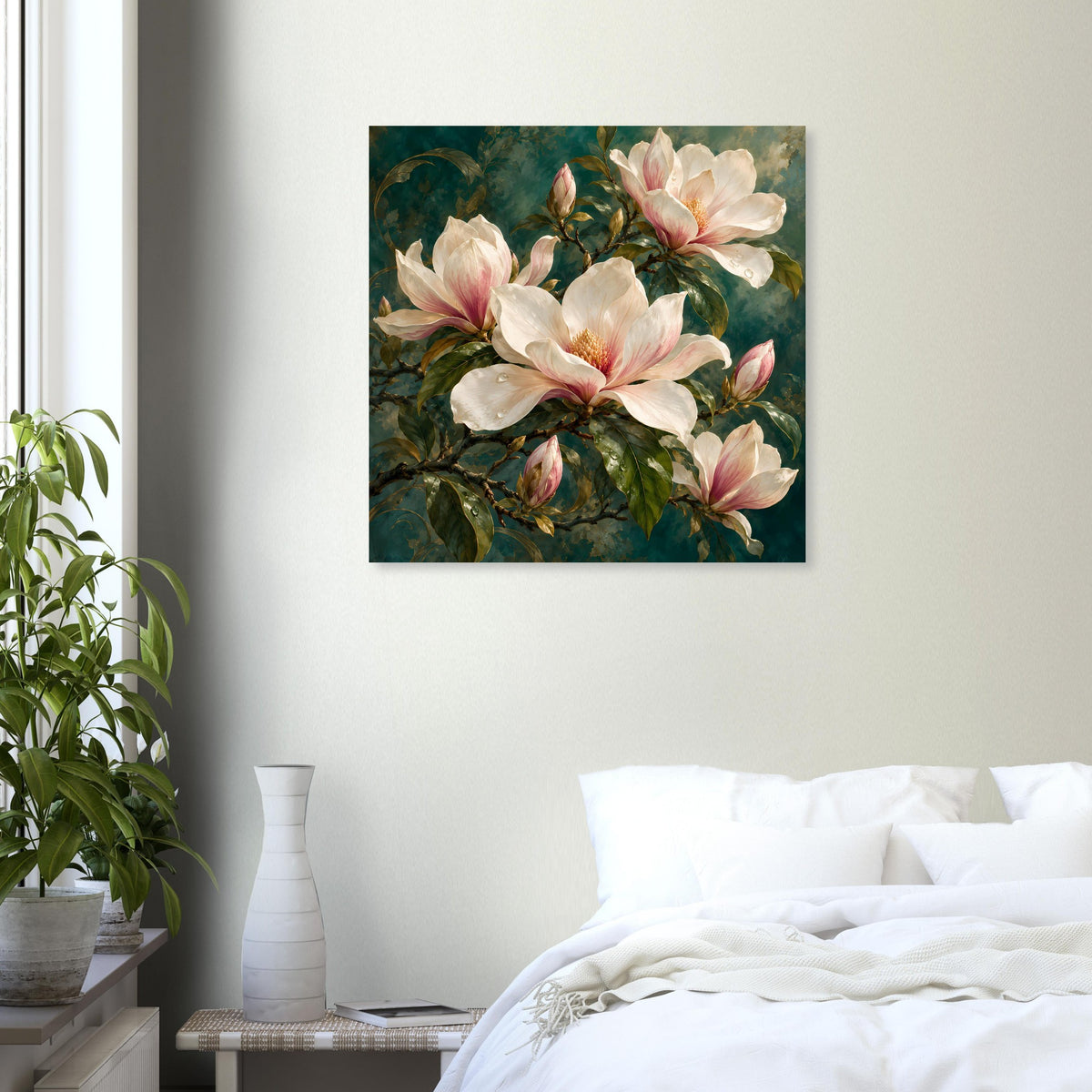Quadratisches Blumenposter mit Magnolienblüten in Creme und Rosa