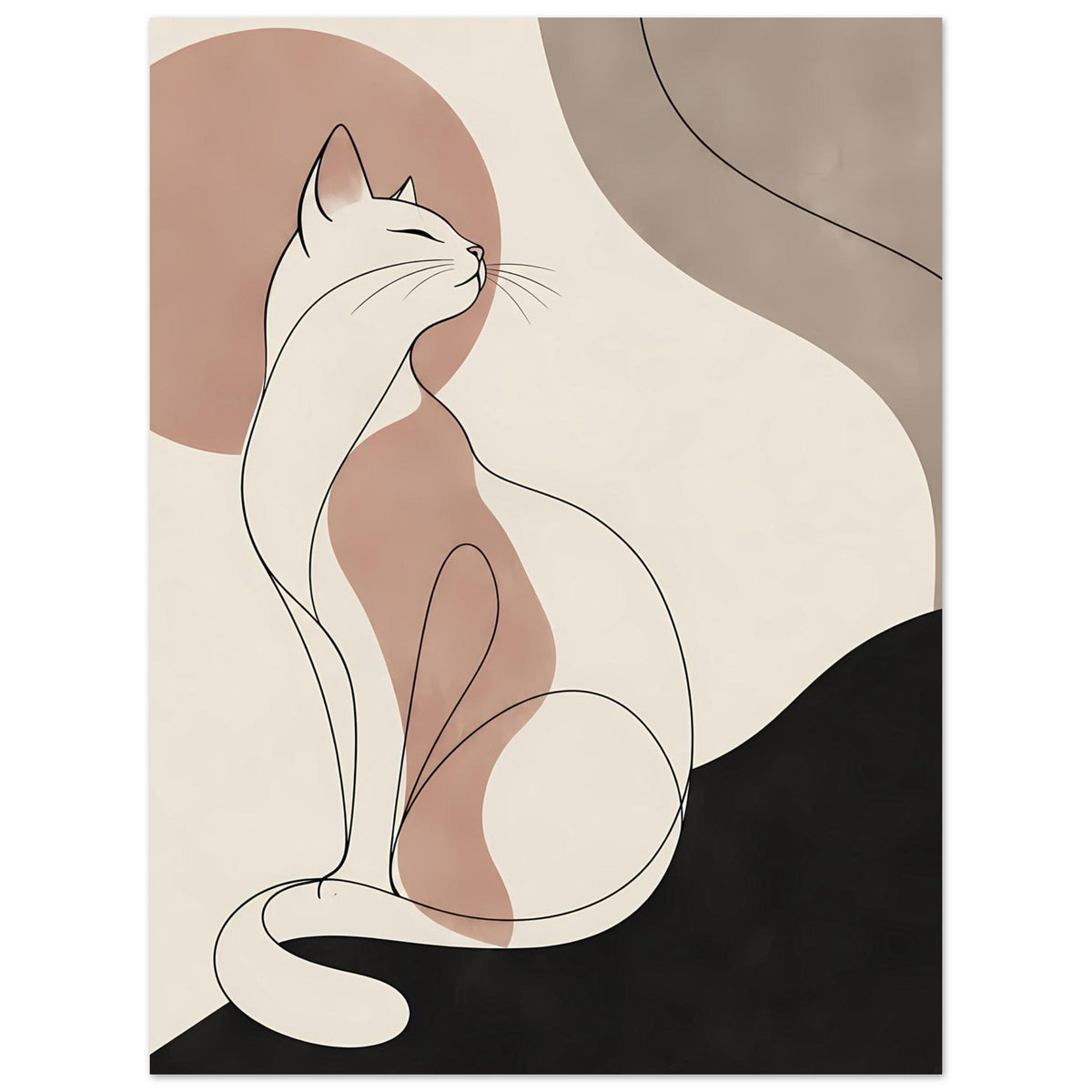 Poster mit Katzensilhouette, klare Konturlinien in Creme und Beige, dunkle Fläche rechts