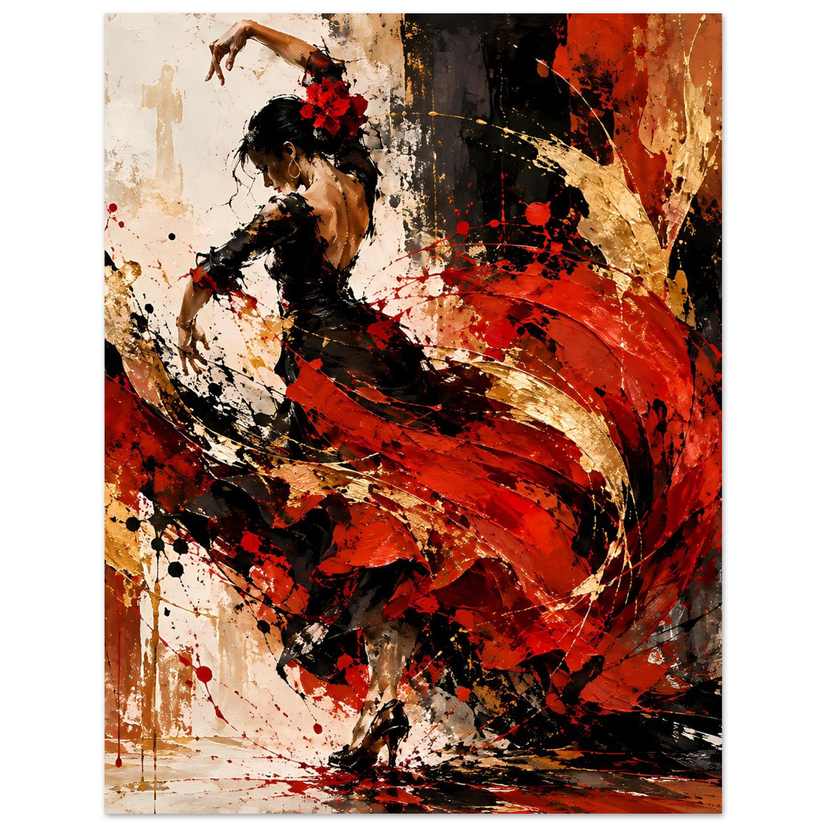 Poster mit Flamenco-Tänzerin, dynamische Pinselstriche in Rot, Schwarz und Gold
