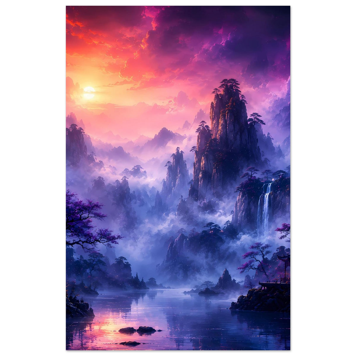 Fantasy-Poster: romantische Gebirgslandschaft mit Nebel, Wasserfall und Sonnenaufgang im Lila