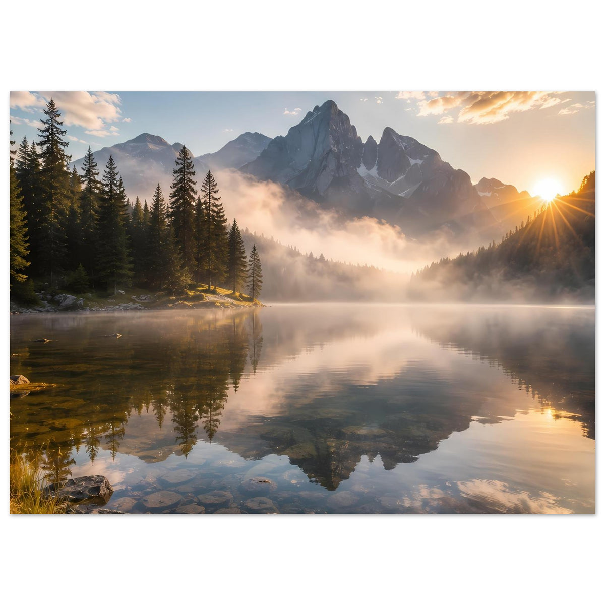 Horizontales Poster: Berge, See und Sonnenaufgang hinter Nebel, mattes Premiumpapier
