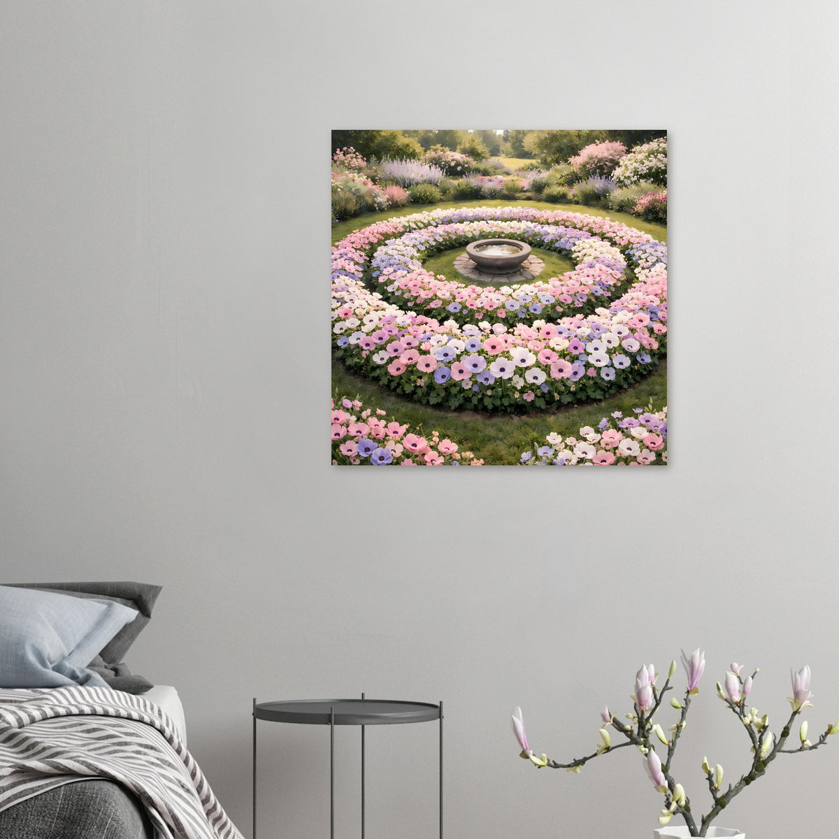 Quadratisches Poster mit rundem Blumengarten und Stein-Schale, viele pastellfarbene Blüten