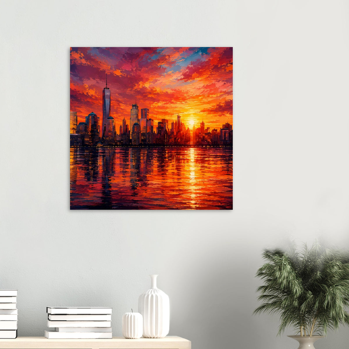 Quadratisches Poster mit New-York-Skyline, Einem-WTC-Turm, rotem Sonnenuntergang und Wasserreflexion.