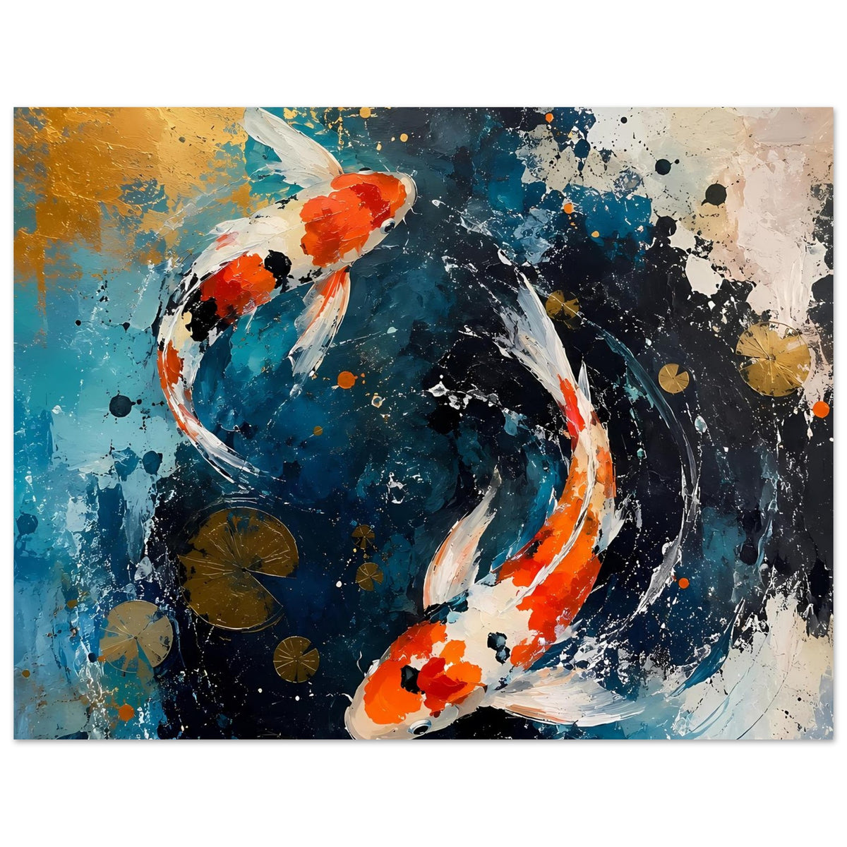 Poster mit zwei abstrakten Koi-Figuren, Blau, Orange und Weiß, Pinsel- und Spritztextur