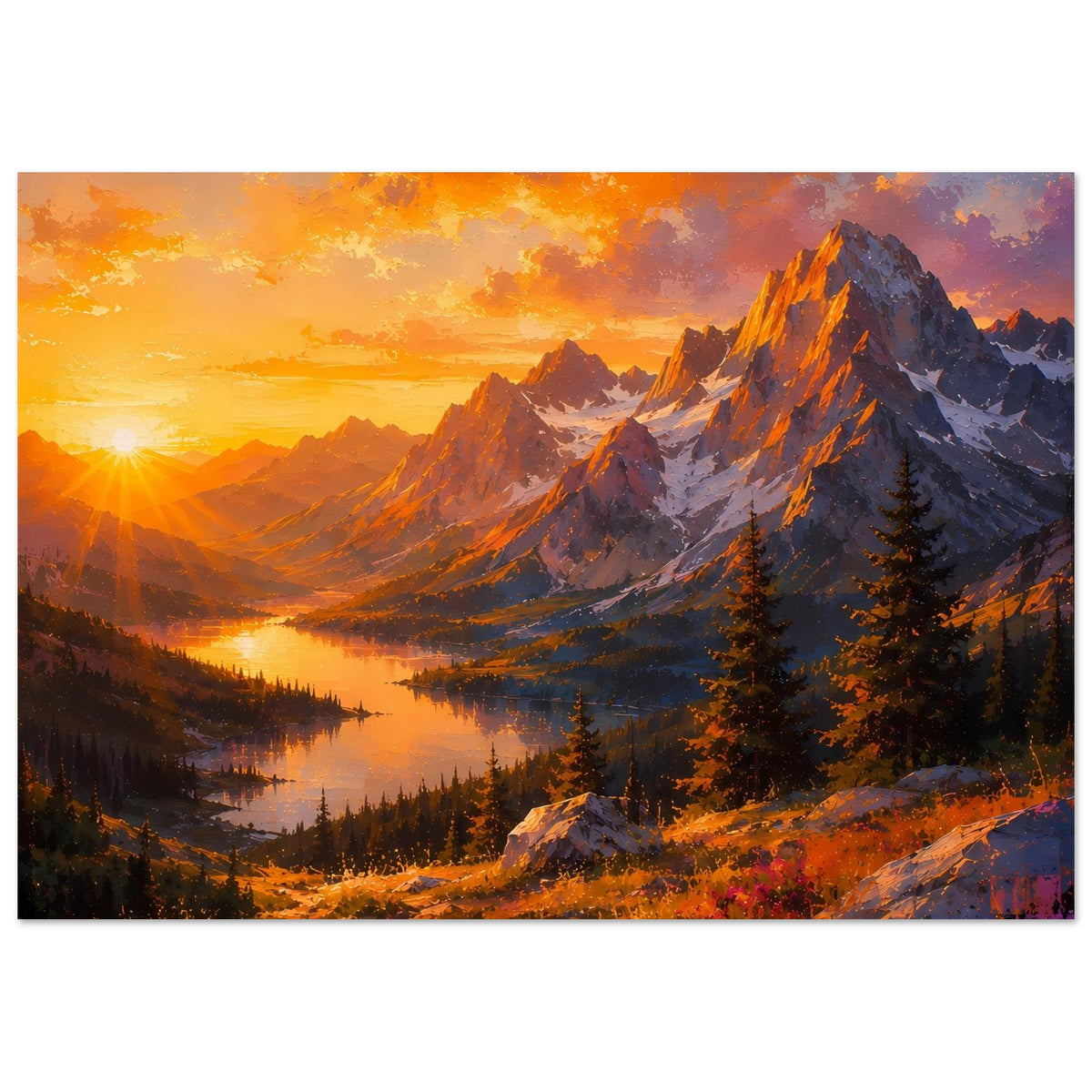 Horizontales Poster mit Sonnenuntergang, Bergen, See und dunklem Tannenwald