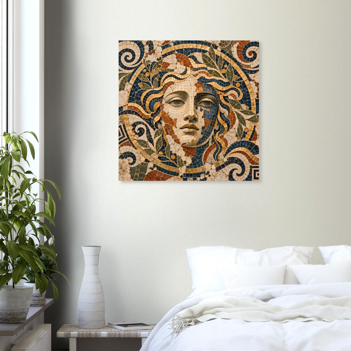 Quadratisches Mosaik-Poster mit Frauengesicht und Ornamenten in Blau, Gold und Braun