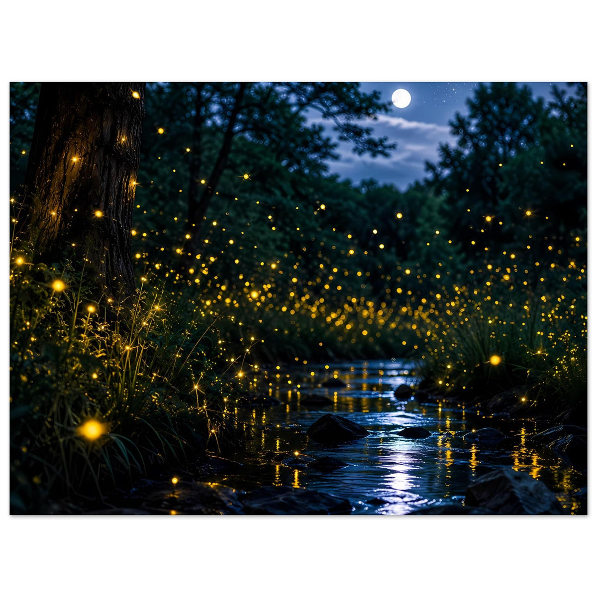 Leuchtposter im Querformat mit Glühwürmchen über dem Fluss und reflektierendem Wasser