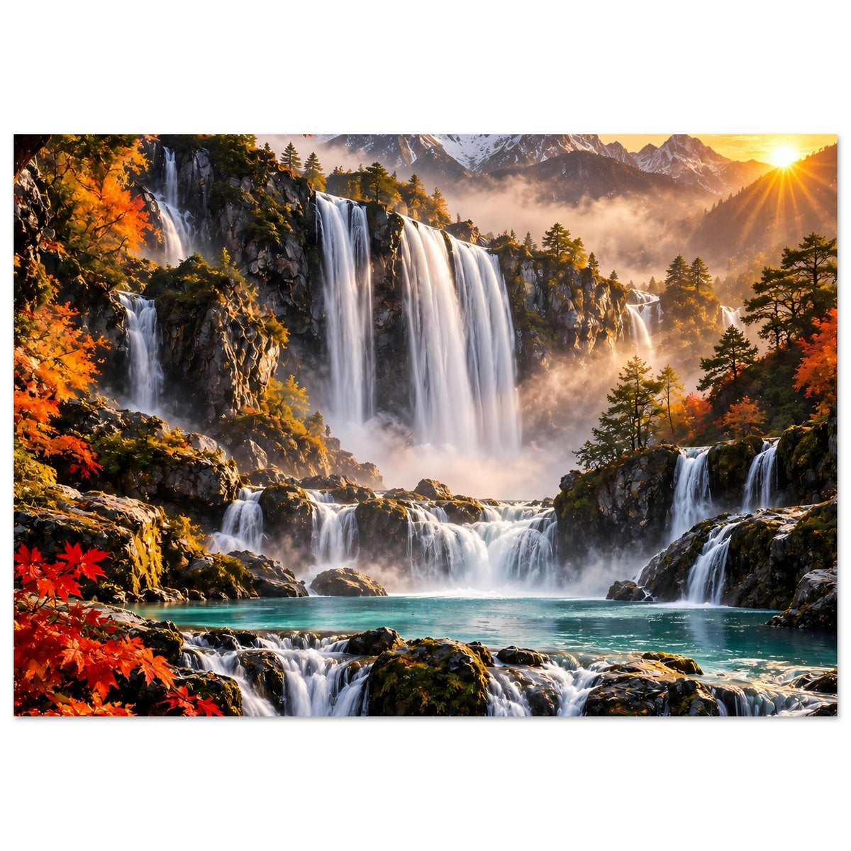 Poster mit Wasserfällen über Felsen, türkisfarbenem Fluss und Herbstlaub unter Sonnenlicht