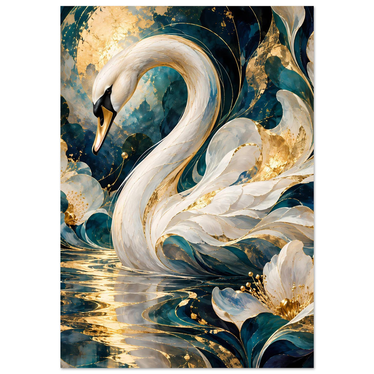 Schwanen-Poster im Hochformat mit weißem Schwan, türkisblauem Wasser und Gold