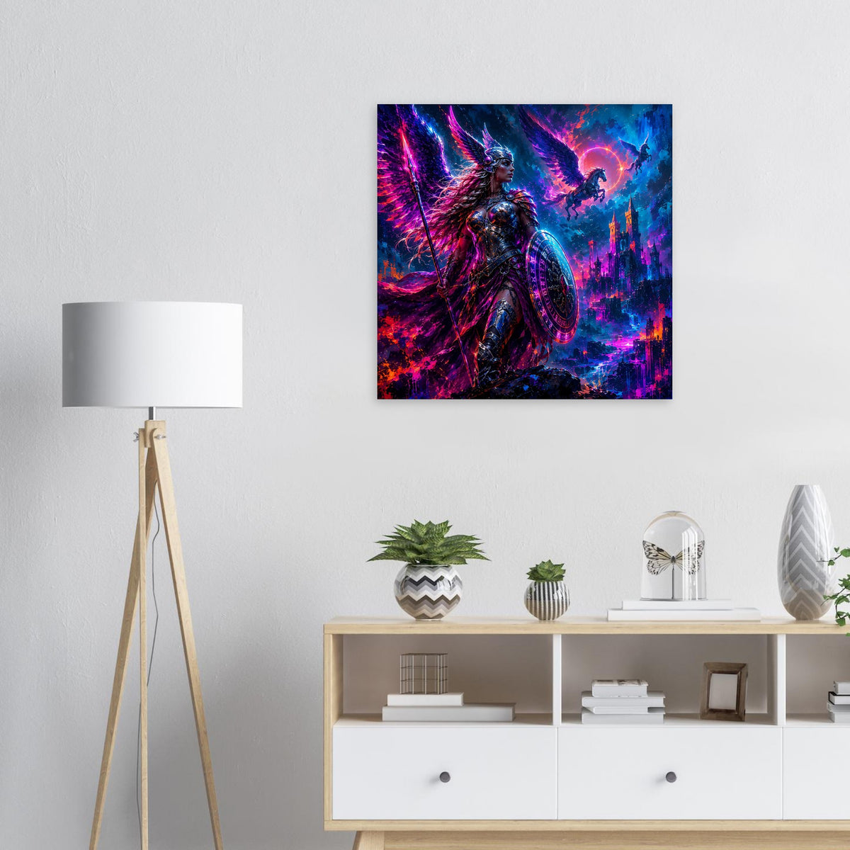 Quadratisches Fantasy-Poster: Valkyrie-Kriegerin mit Waffe in kräftiger Neon-Fantasygrafik
