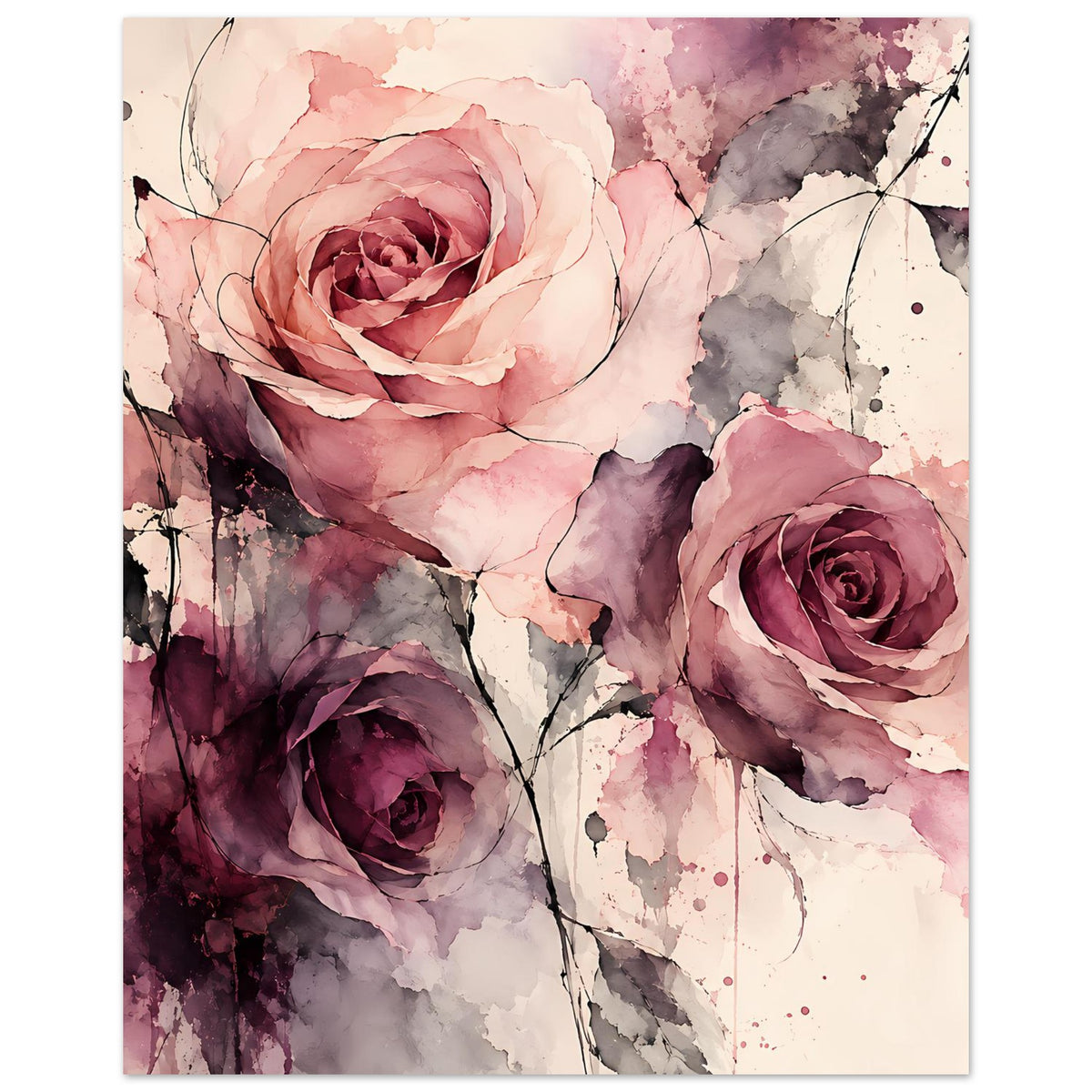 Vertikales Poster mit drei Aquarell-Rosen und zarten Sprenkeln in Rosa und Violett