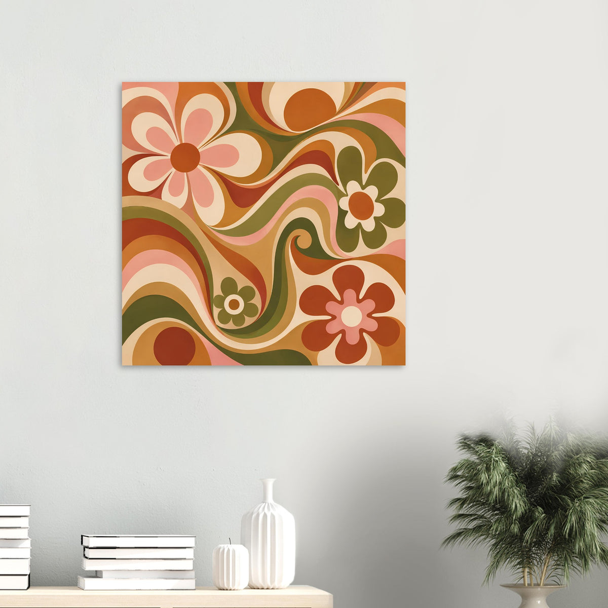 Florales Retro-Poster im Quadrat mit Blütenwirbeln in warmen Orange- und Grüntönen