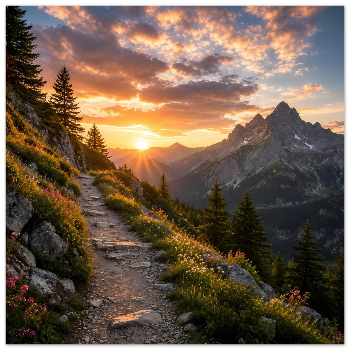 Berglandschafts-Poster im Querformat mit Sonnenaufgang, Tannen und felsigem Pfad