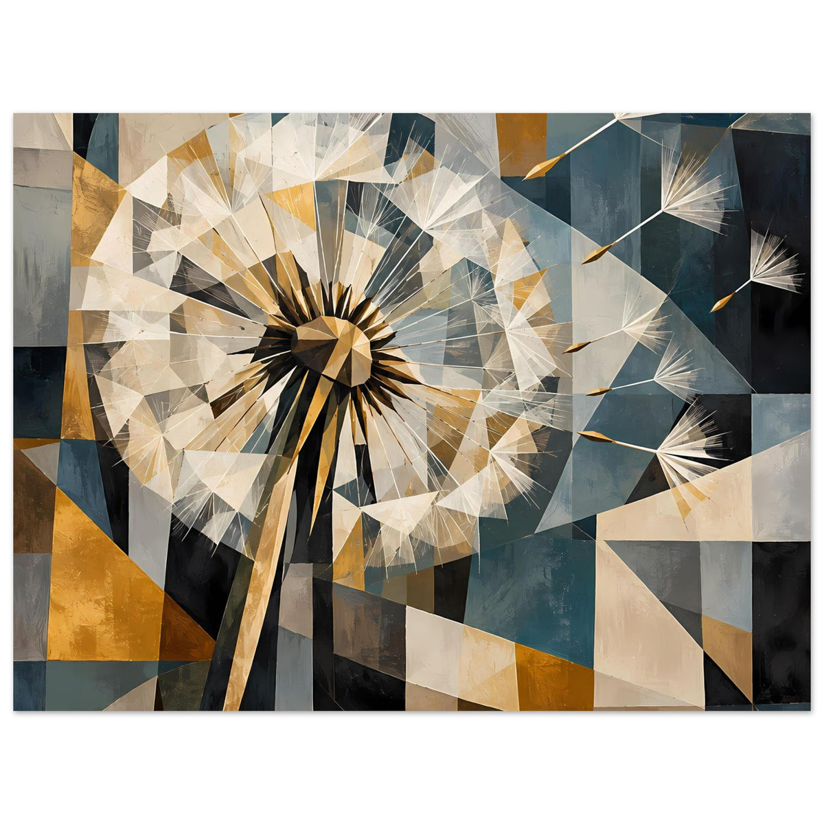 Geometrisches Löwenzahn-Poster, horizontal: Dandelion-Motiv in Blau, Beige und Rostbraun