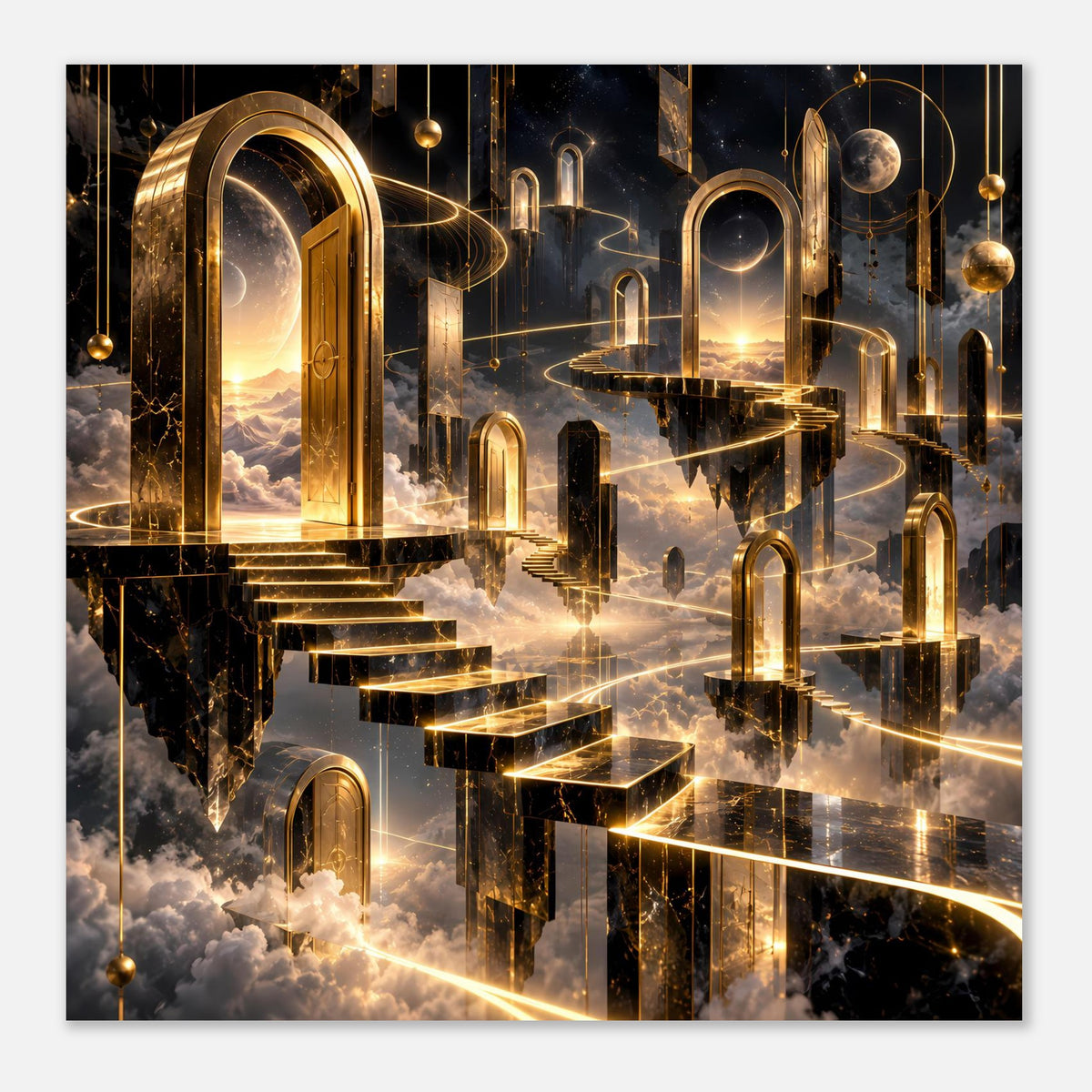 Querformatiges Poster mit goldenen Portalen, Treppe und Wolken, dunkler Hintergrund.