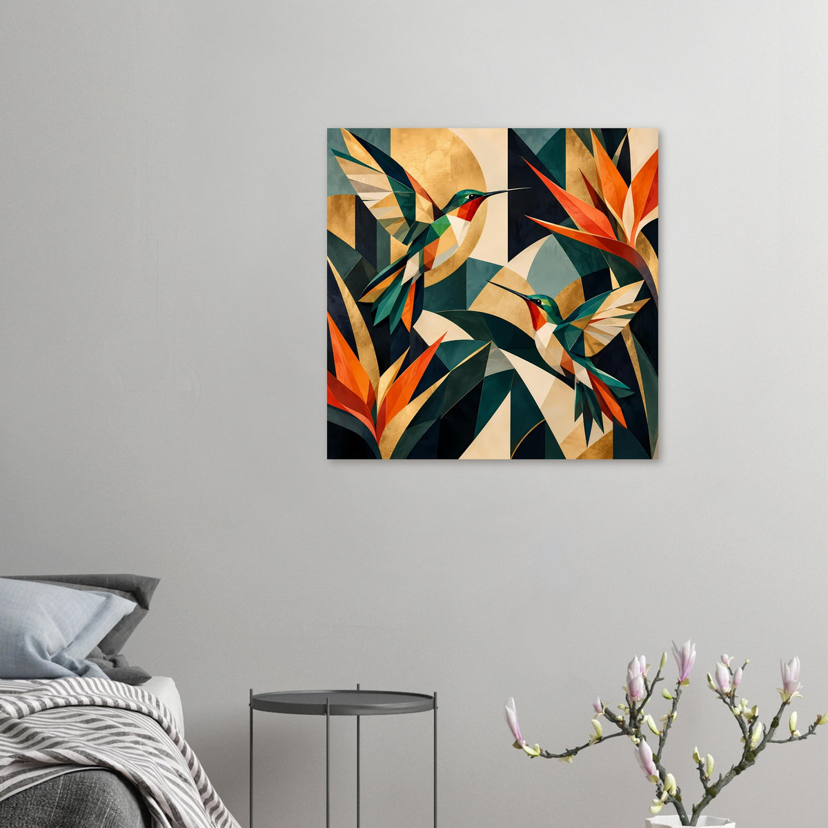 Kleines Kunstposter mit geometrischen Kolibris, Blättermotiven in Grün, Orange und Beige