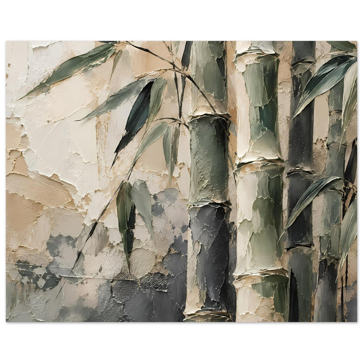Kunstposter mit Bambusmotiv, überwiegend Grün und Beige, sichtbare Pinselstruktur