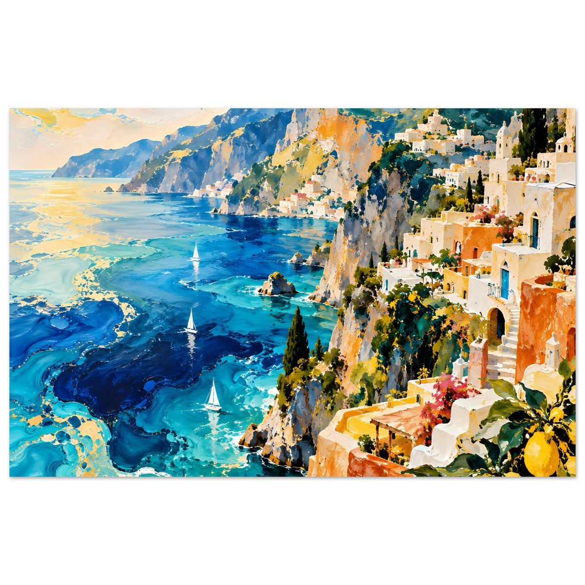 Kunstdruck mit Küste: türkisblaues Meer, steile Felsen und helle Häuser am Hang