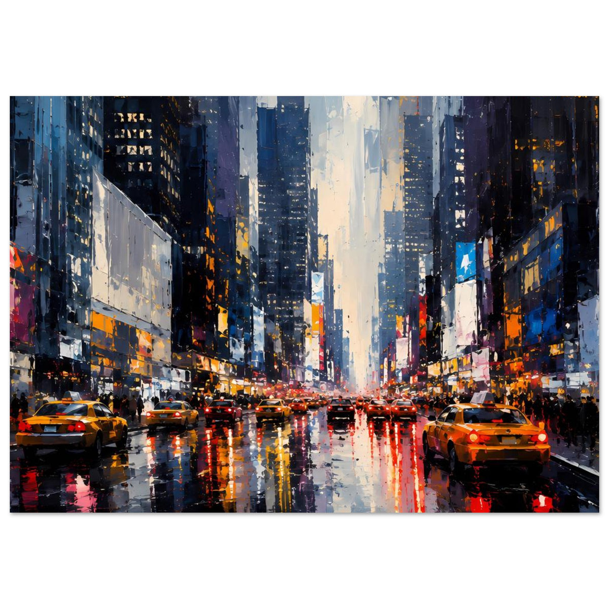 Stadtposter mit nasser Straße, Autos an der Kreuzung und spiegelnden Lichtspuren