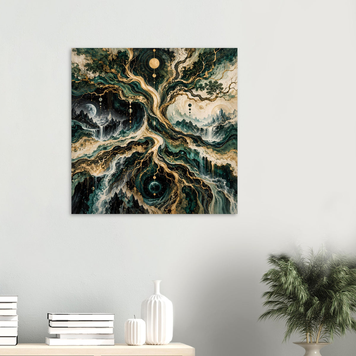 Gerahmtes Poster: mystischer Baum im Kosmos-Stil, blaugrün, goldene Linien und Sterne
