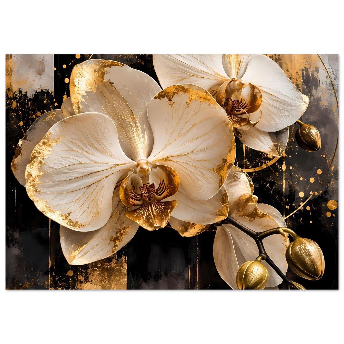 Poster mit weißen Orchideen und goldenen Details, florales Motiv im Hochformat
