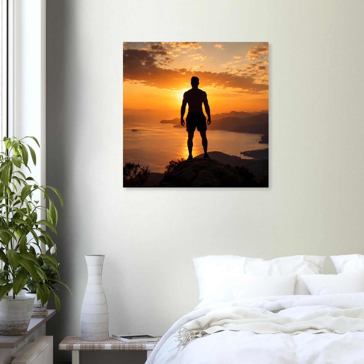 Quadratischer Kunstdruck mit Silhouette eines Mannes, Sonnenuntergang über Wasser