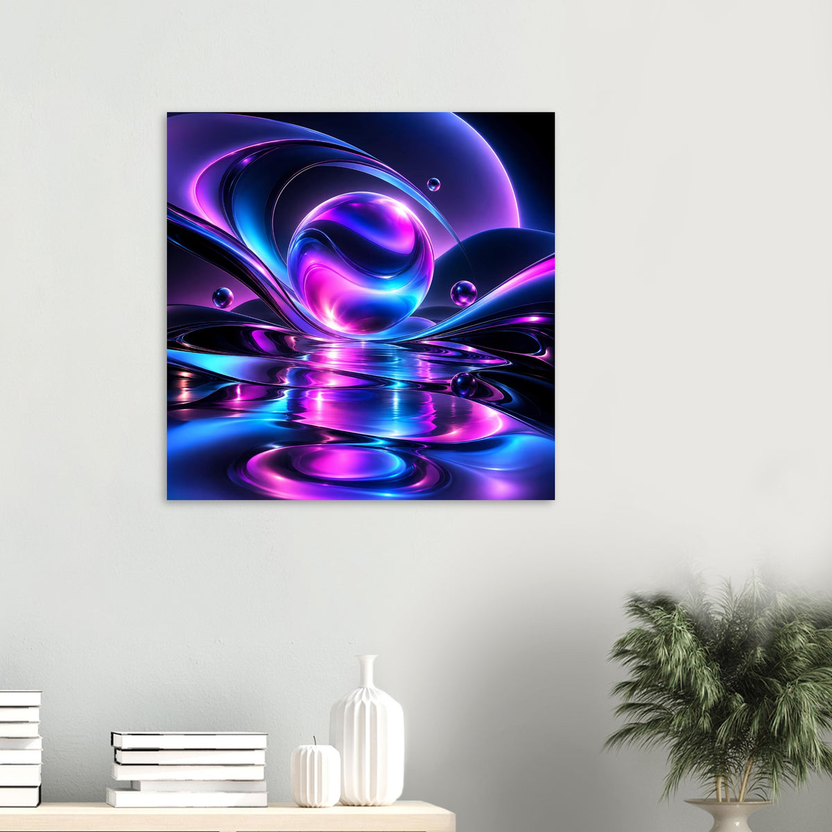 Abstraktes Neonlicht-Poster klein: zentrale Kugel mit Lichtspuren und spiegelndem Boden in Blau/Violett