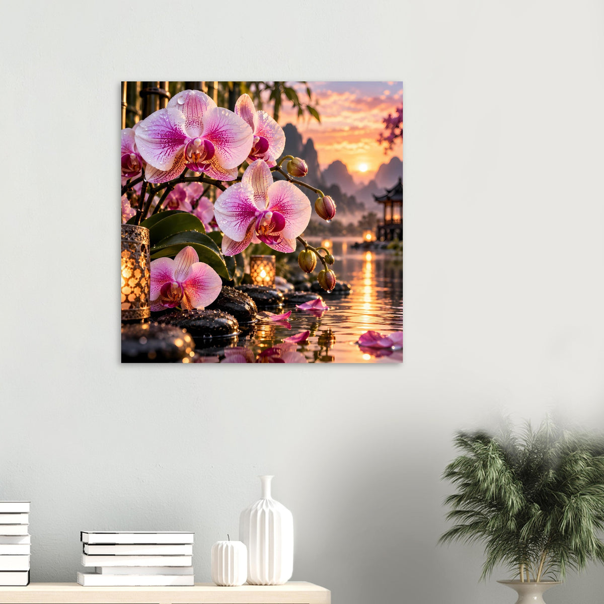 Poster mit rosa Orchideen, Steinen und See bei Sonnenuntergang im goldenen Licht