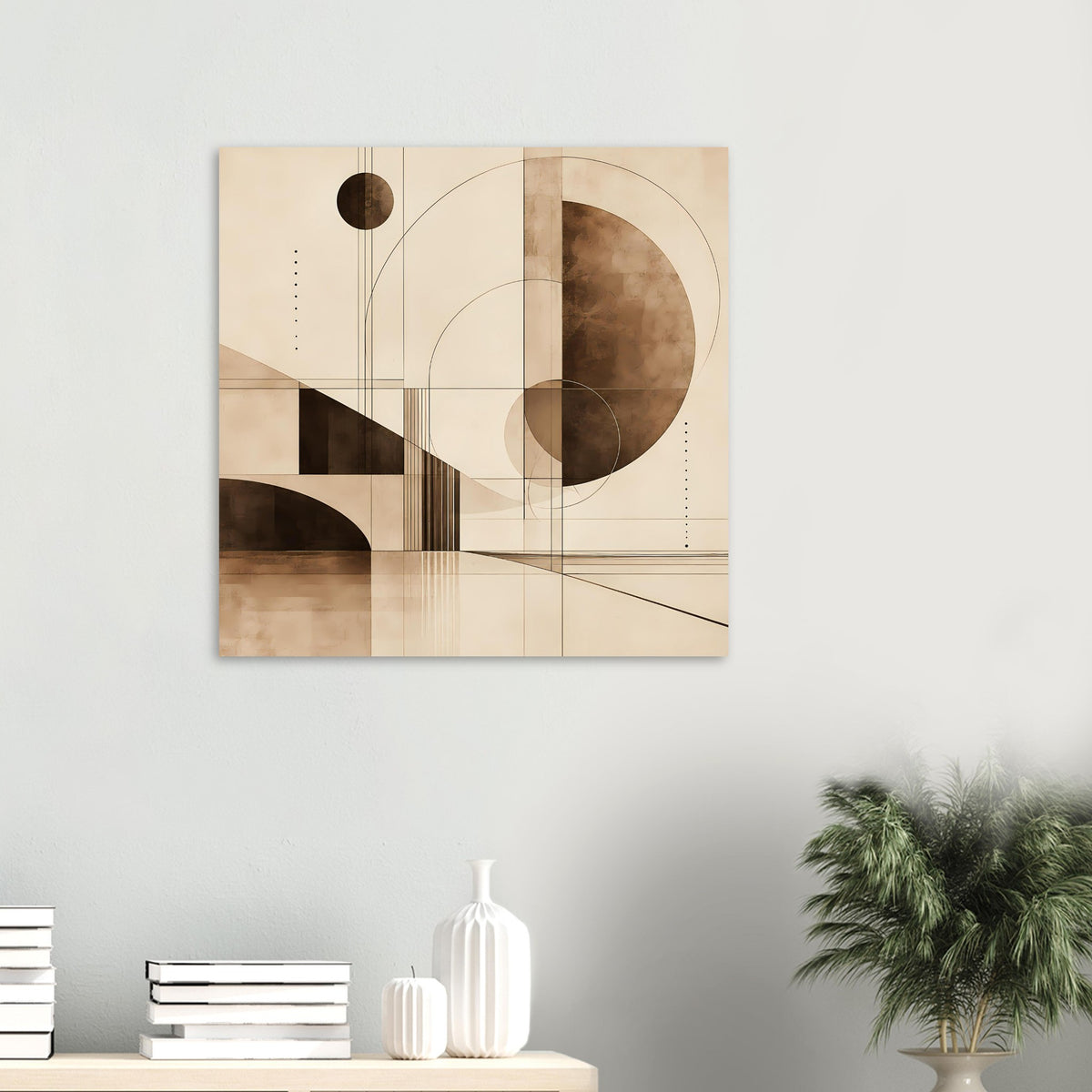 Kleiner gerahmter geometrischer Sepia-Kunstdruck mit Kreis rechts und feinen Linien