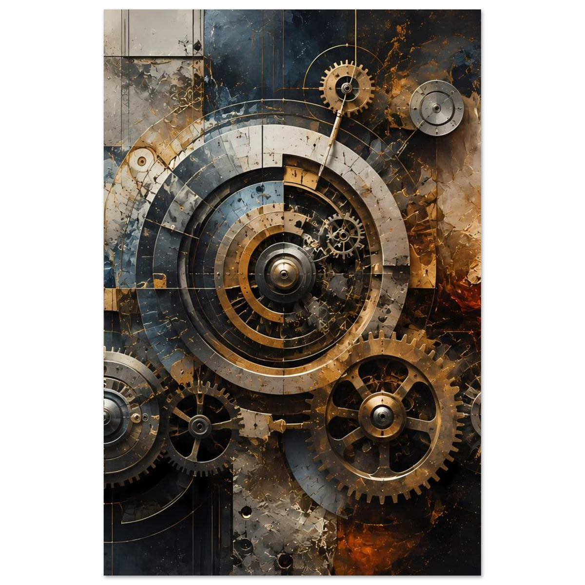 Steampunk-Poster im Hochformat: zentrales Zahnradsystem mit warmen Metallakzenten