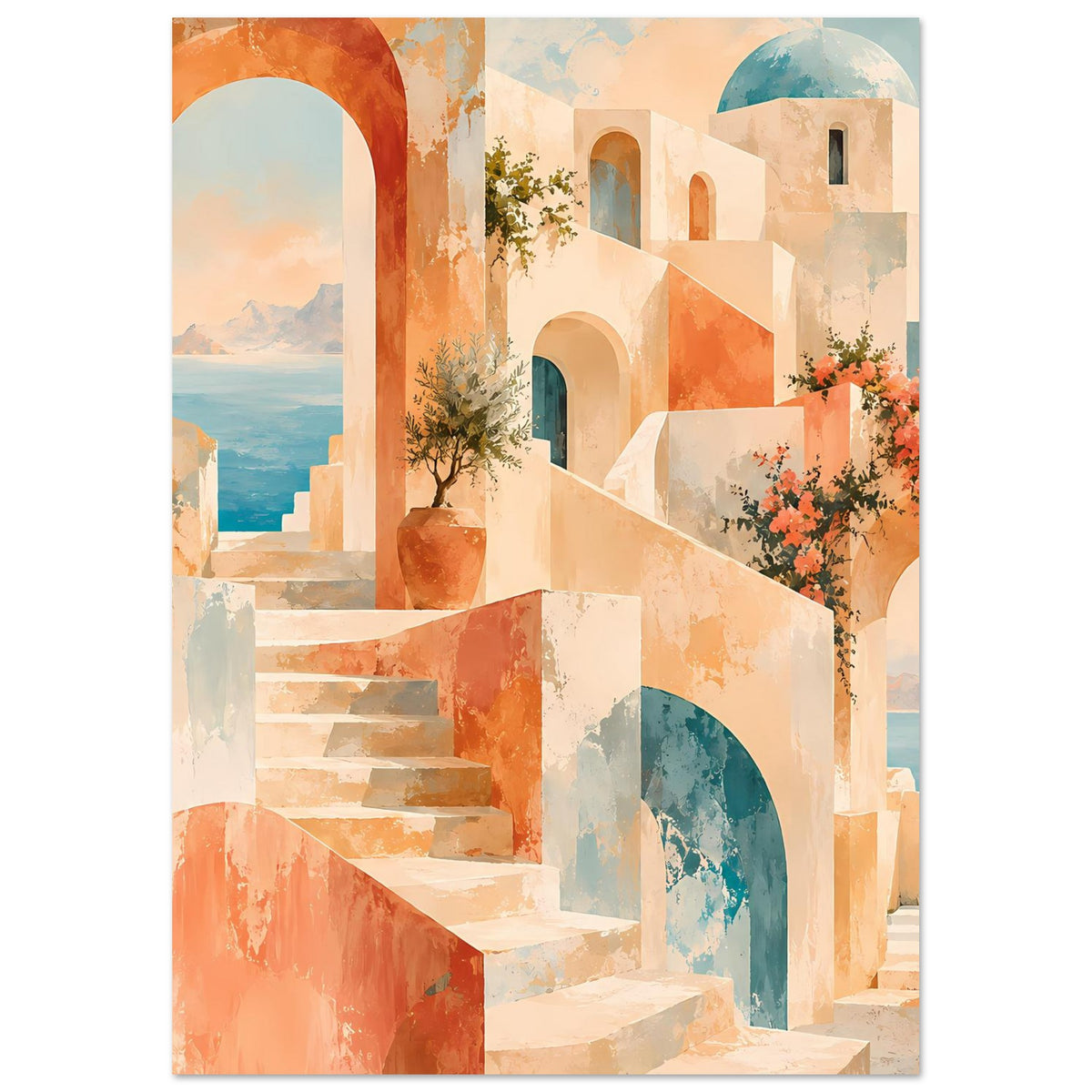 Mediterranes Poster: Treppe zwischen weißen Bögen, grüne Topfpflanze und orange Blüten