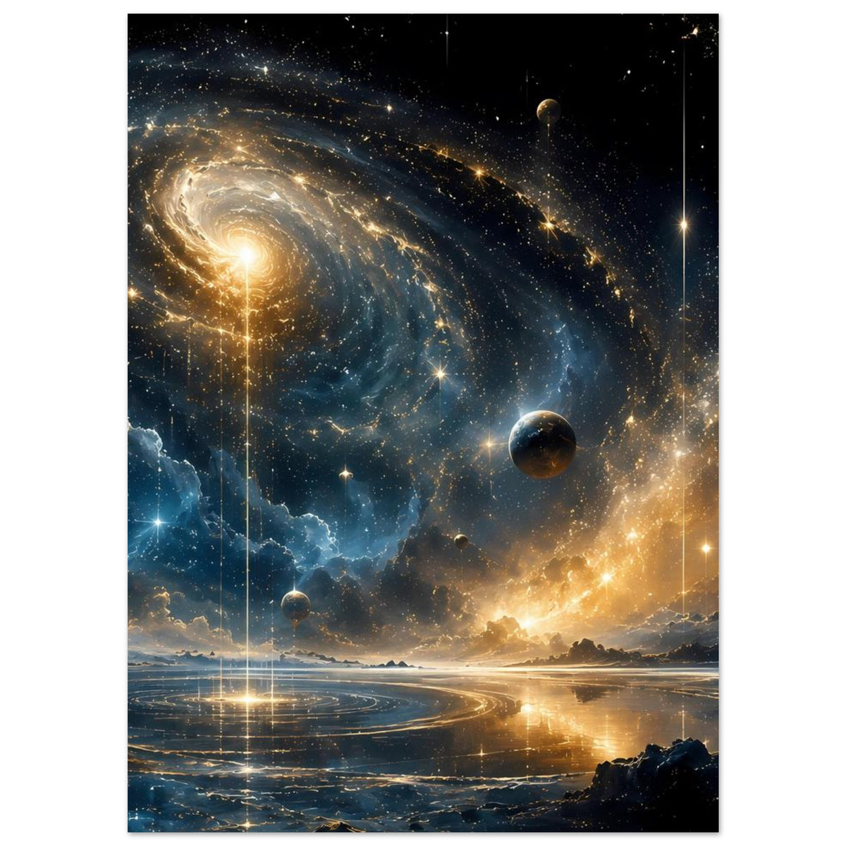 Weltraum-Poster mit Spiralgalaxie, Sternen und schwebenden Planeten im dunklen Raum