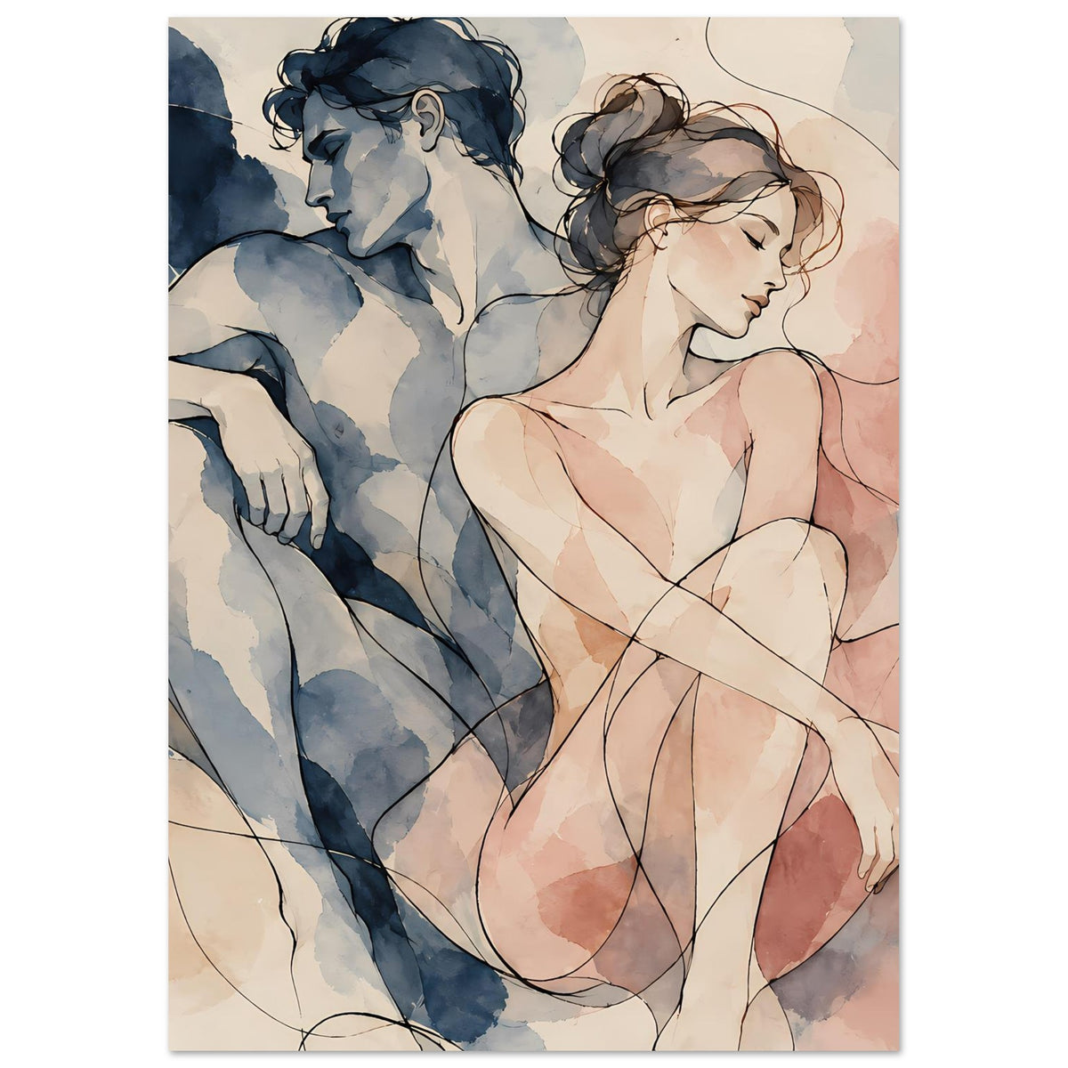 Aquarell-Paarposter im Hochformat: Umarmendes Paar, Blau- und Rosetöne, lockere Linien