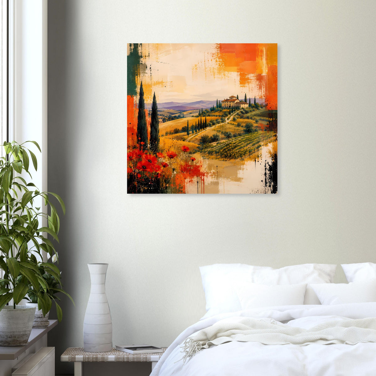 Abstraktes Poster: toskanische Landschaft mit Zypressen, roten Blüten und orangefarbenem Himmel