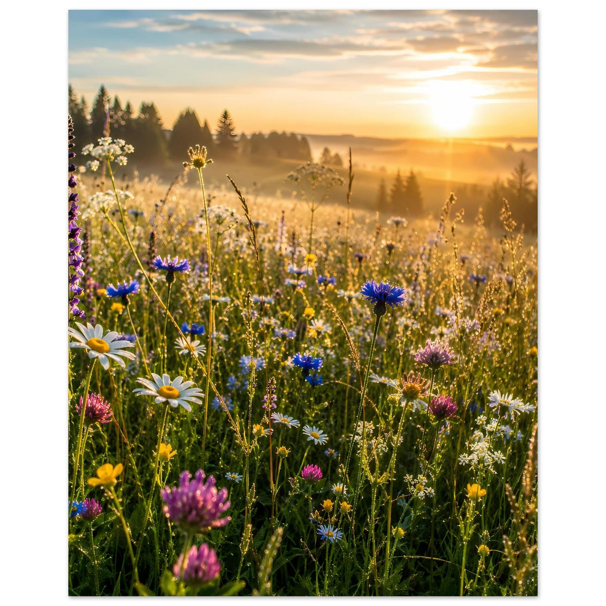 Vertikales Poster: Gelbe, blaue und rosa Blüten in nebeliger Landschaft bei Abendsonne.