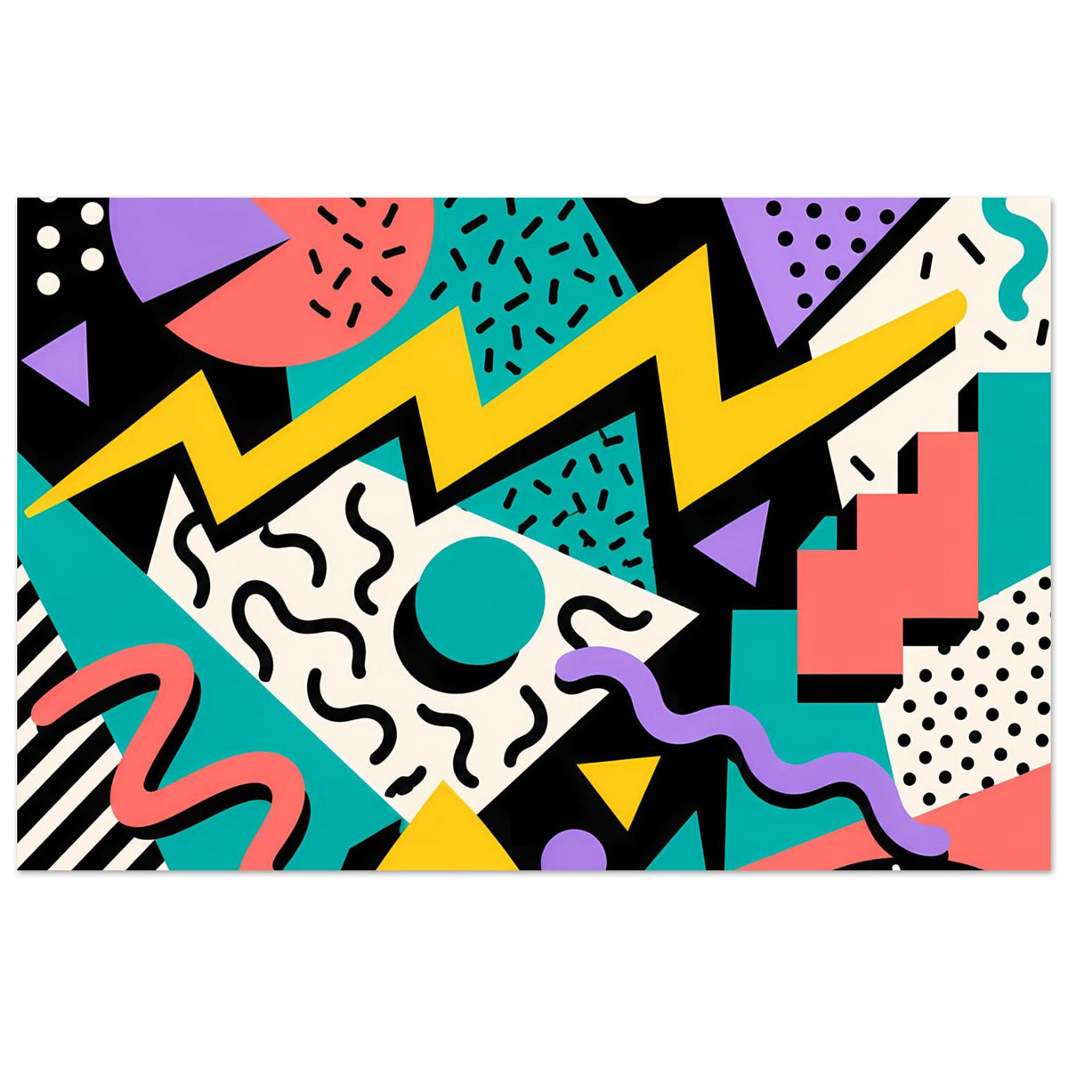 Geometrisches Poster im Querformat mit bunten Dreiecken, Kreisen und Zickzack-Mustern