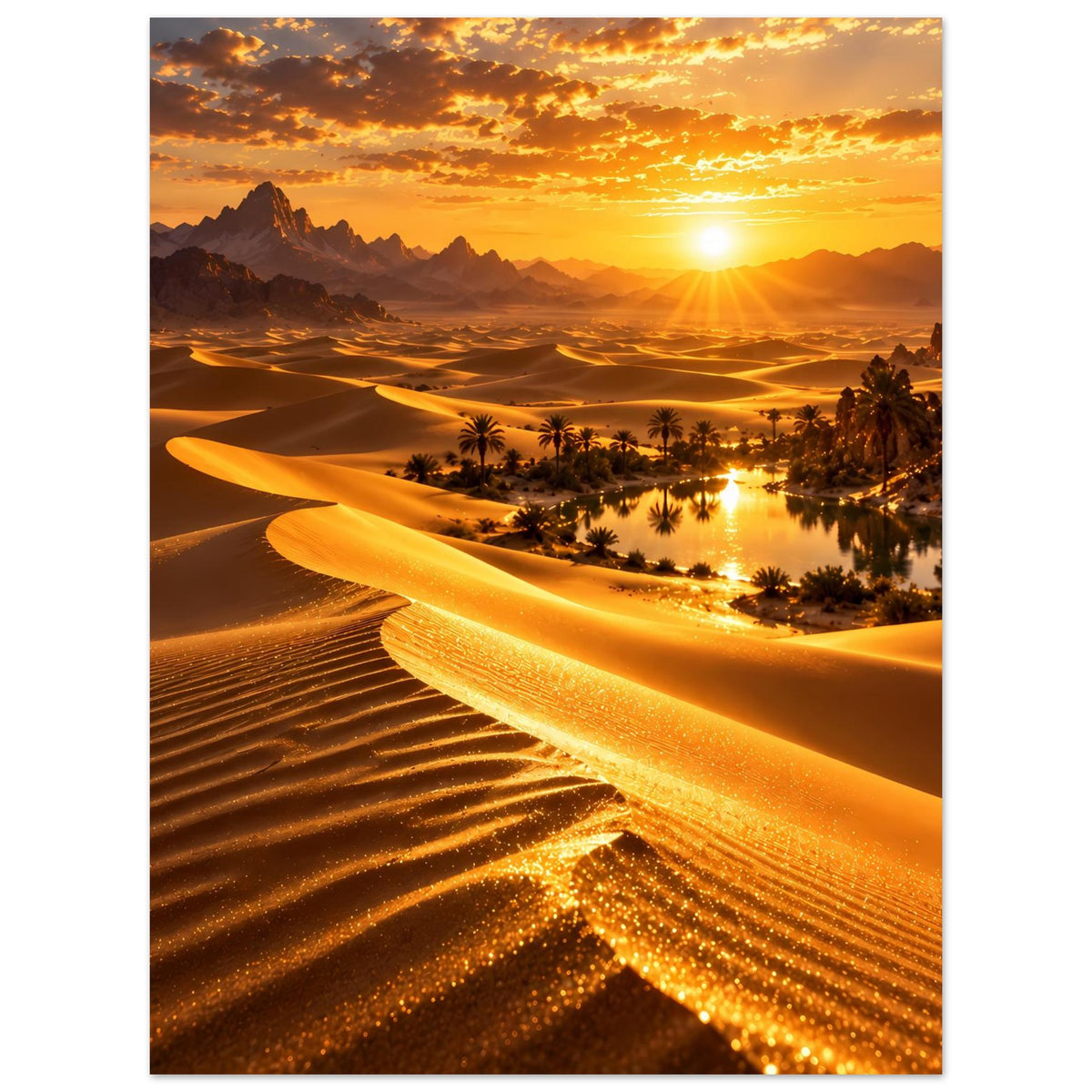 Poster mit Wüstendünen und Oase bei Sonnenuntergang, warme Goldtöne, senkrechtes Format