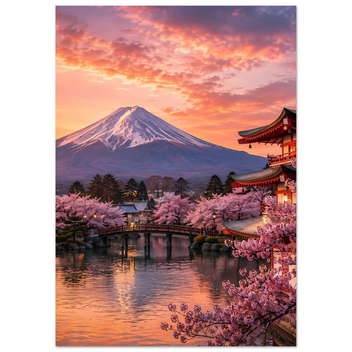 Poster mit Fuji-Berg, Kirschblüten im Vordergrund und Tempel am rechten Rand
