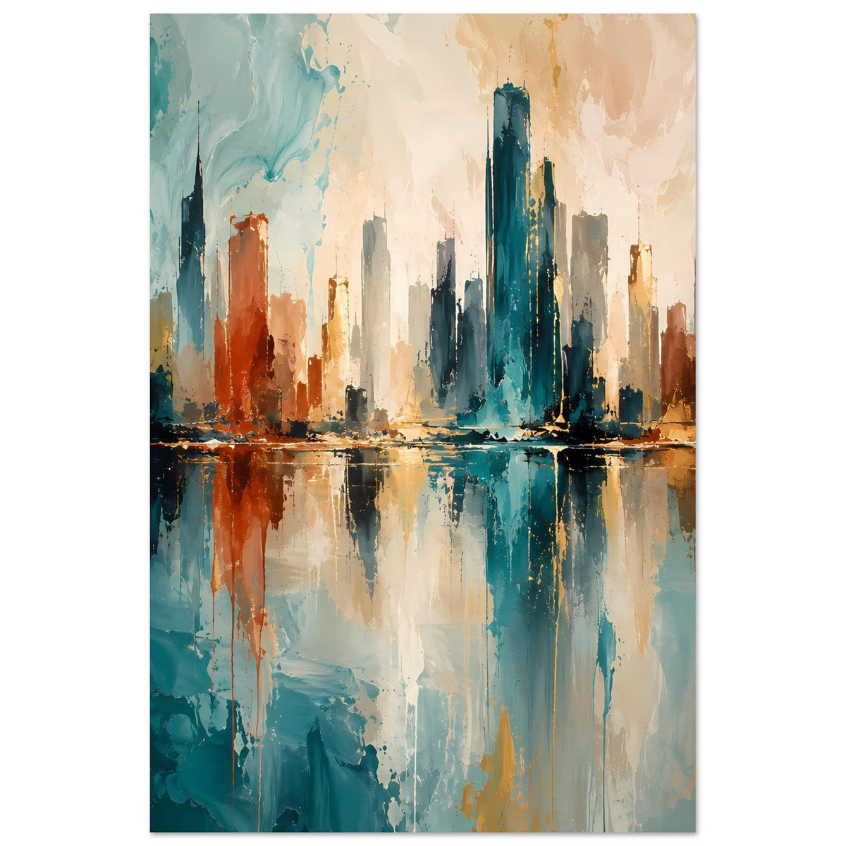 Abstraktes Skyline-Poster mit Spiegelbild im Wasser, Blau- und Rostakzente, gerahmt