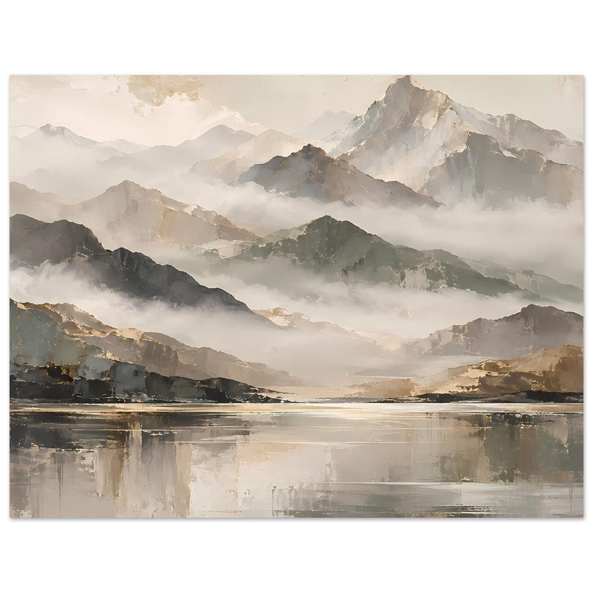 Naturposter im Querformat mit dunstigen Gipfeln, See-Reflexion und Goldtönen, Beige