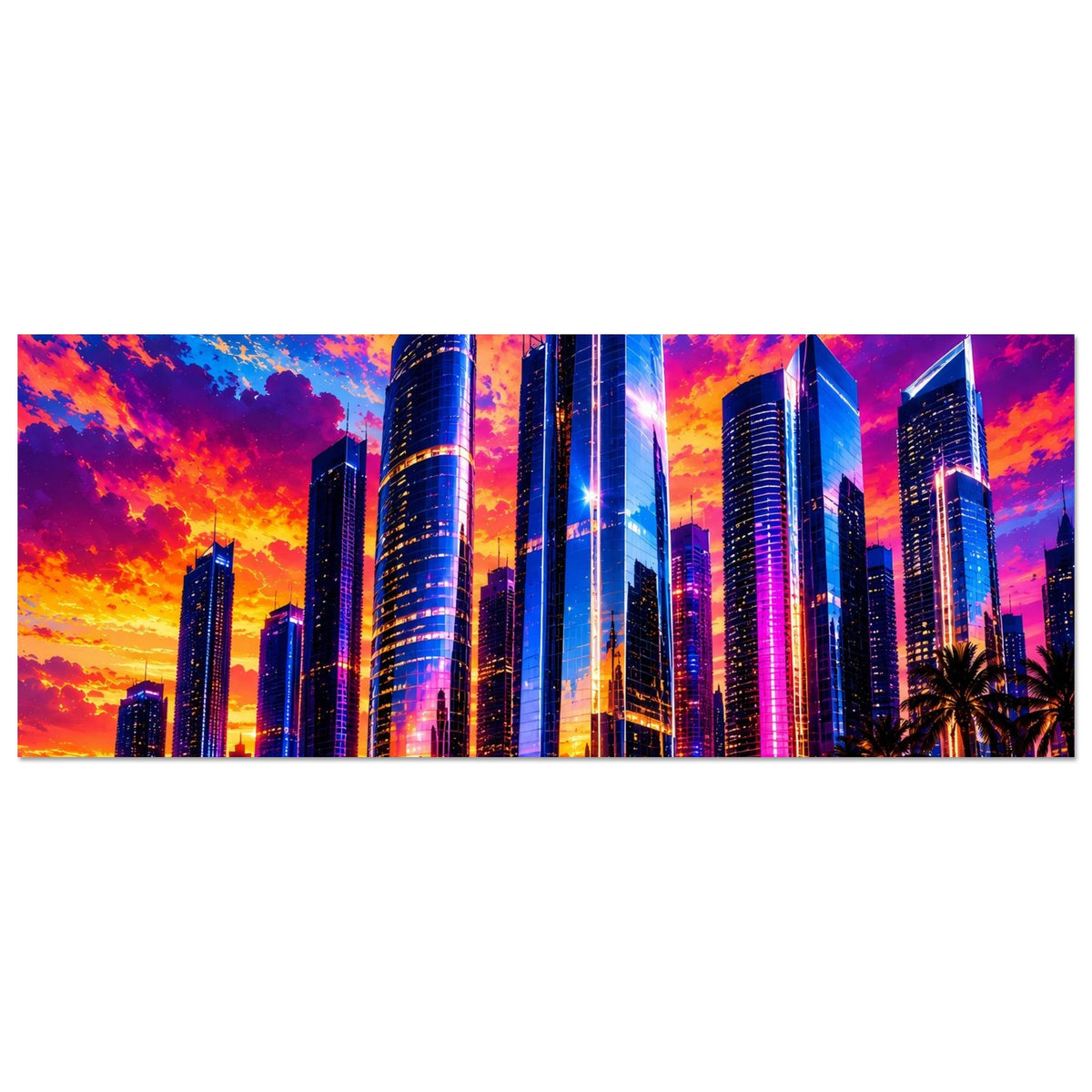 Leuchtendes Großstadt-Skyline-Poster (panoramisch) mit Sonnenuntergang, Hochhäusern und Wolkenkratzern.
