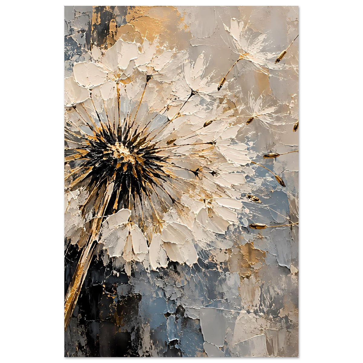 Vertikales Kunstdruck-Poster mit Pusteblume in Schwarz, Beige, Blau und Gold, Textur-Look