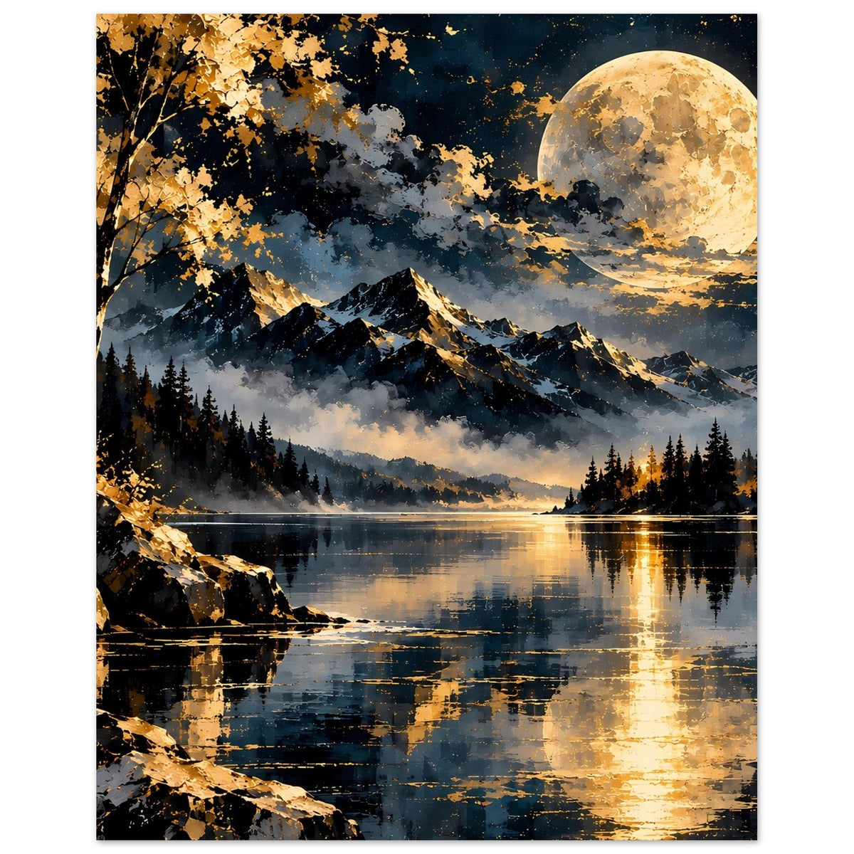 Landschaftsposter mit Vollmond, Bergkette, Tannenwald und See, der das Licht zurückwirft