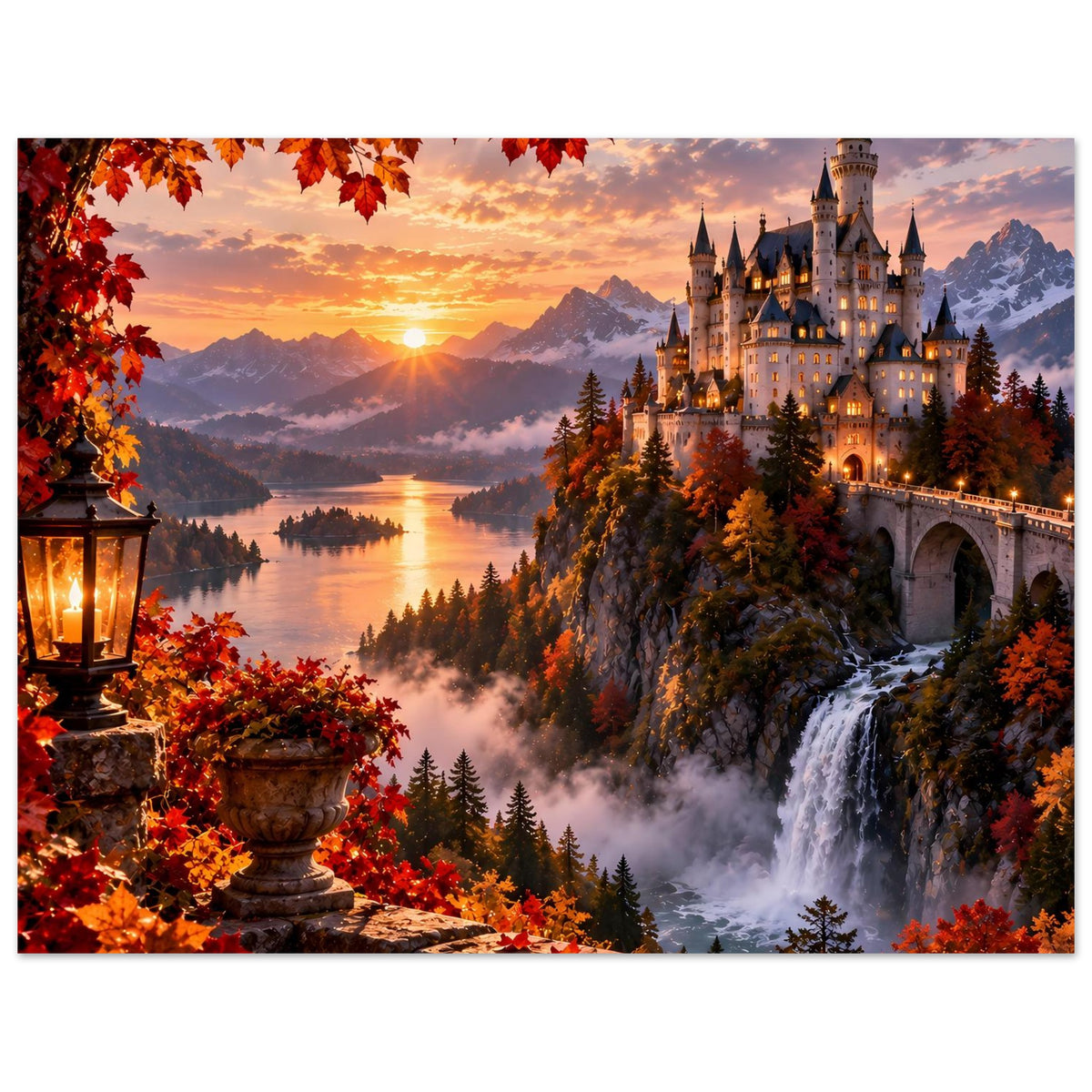 Querformat-Herbstposter mit Schloss am Felsen, Wasserfall und See bei Sonnenuntergang, Nebel