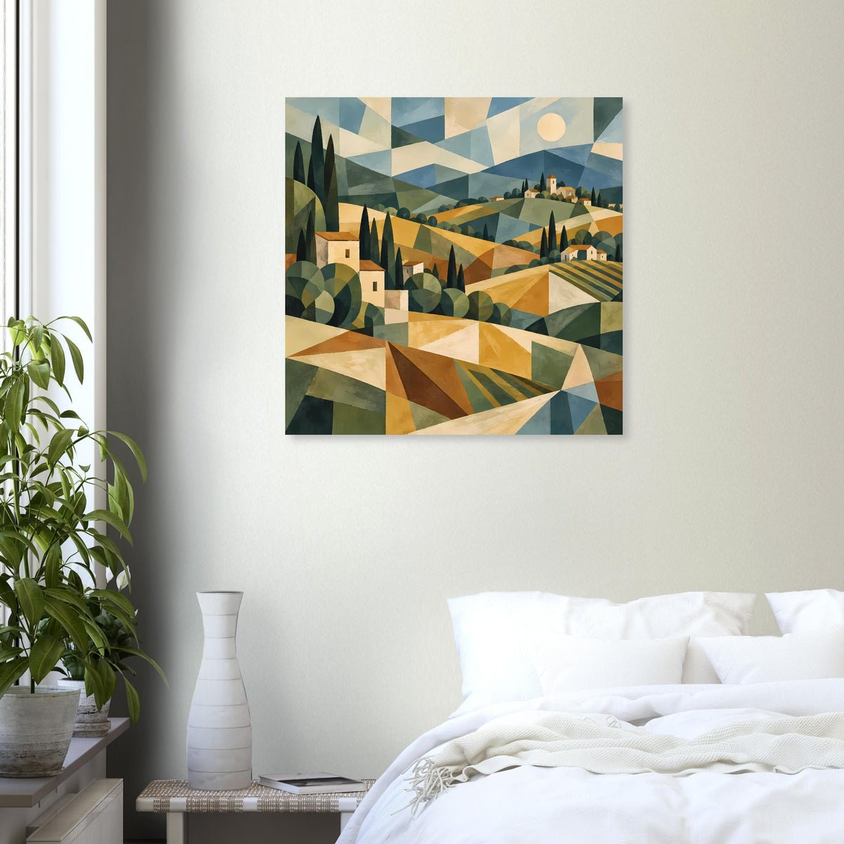 Quadratisches Poster mit geometrischer Landschaft aus Dreiecken und Linien in warmen Erdtönen