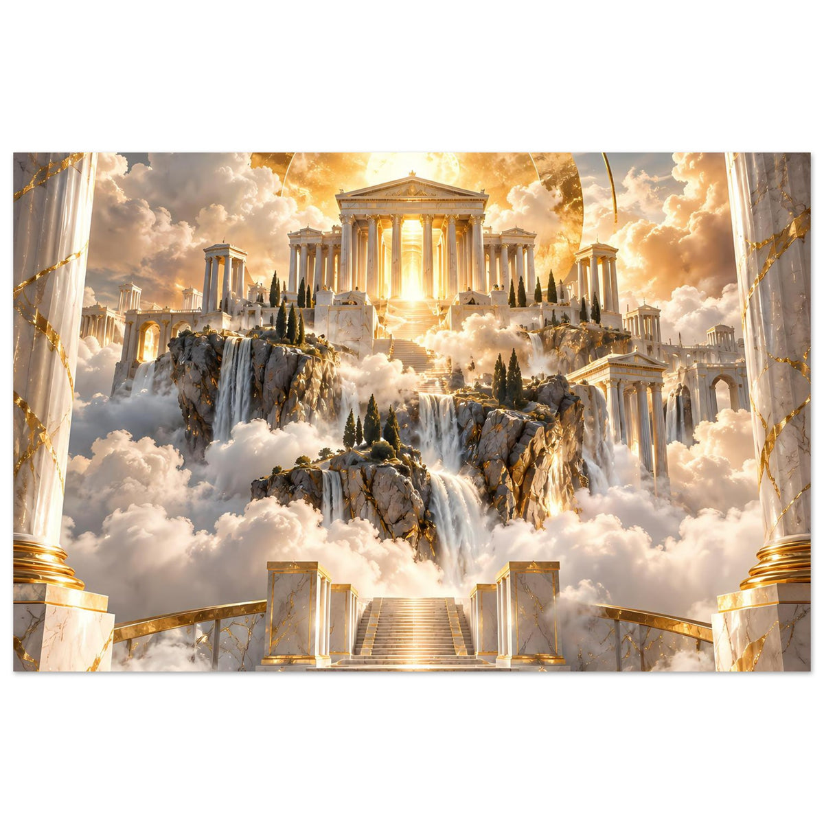 Landschafts-Poster mit antikem Tempel, goldenem Lichtbogen und Wasserfall-Motiv über Wolken